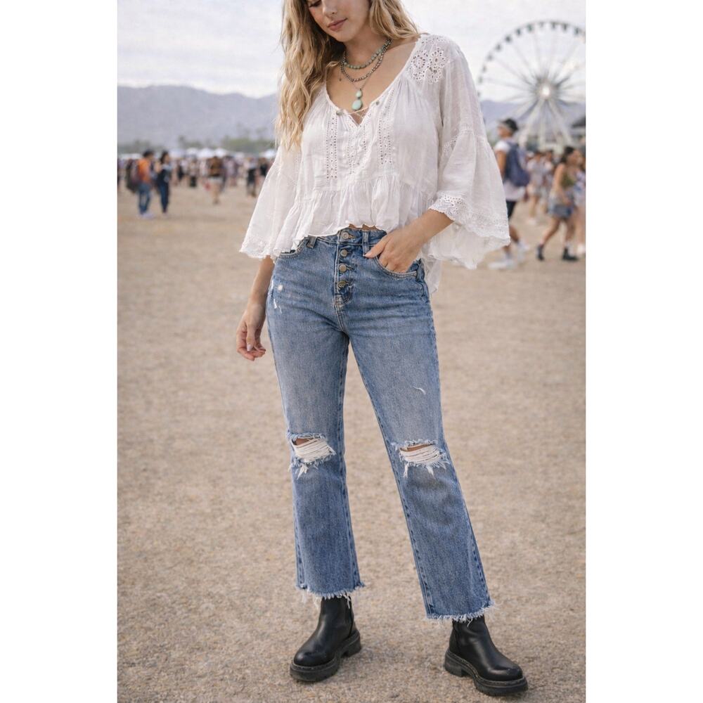 Free People We The Free Distressed Button Fly Kick Flare Jeans 26